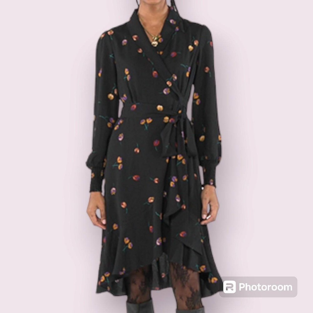 Cabi Divine Wrap Dress Women Medium Black Floral Long Sleeve Ruffle Hem 4391